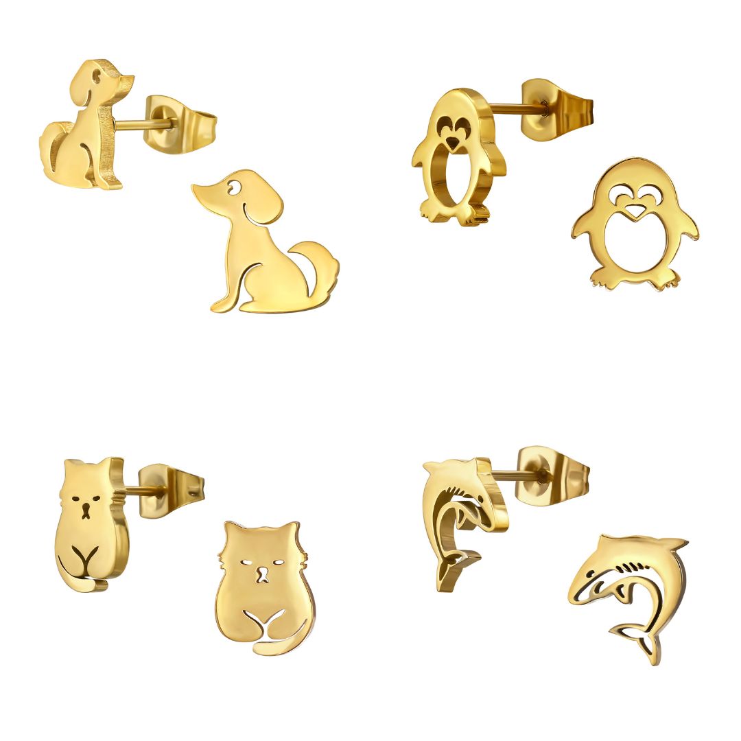 Gold Animal Earrings, Stainless Steel - Dog, Penguin, Cat, Shark