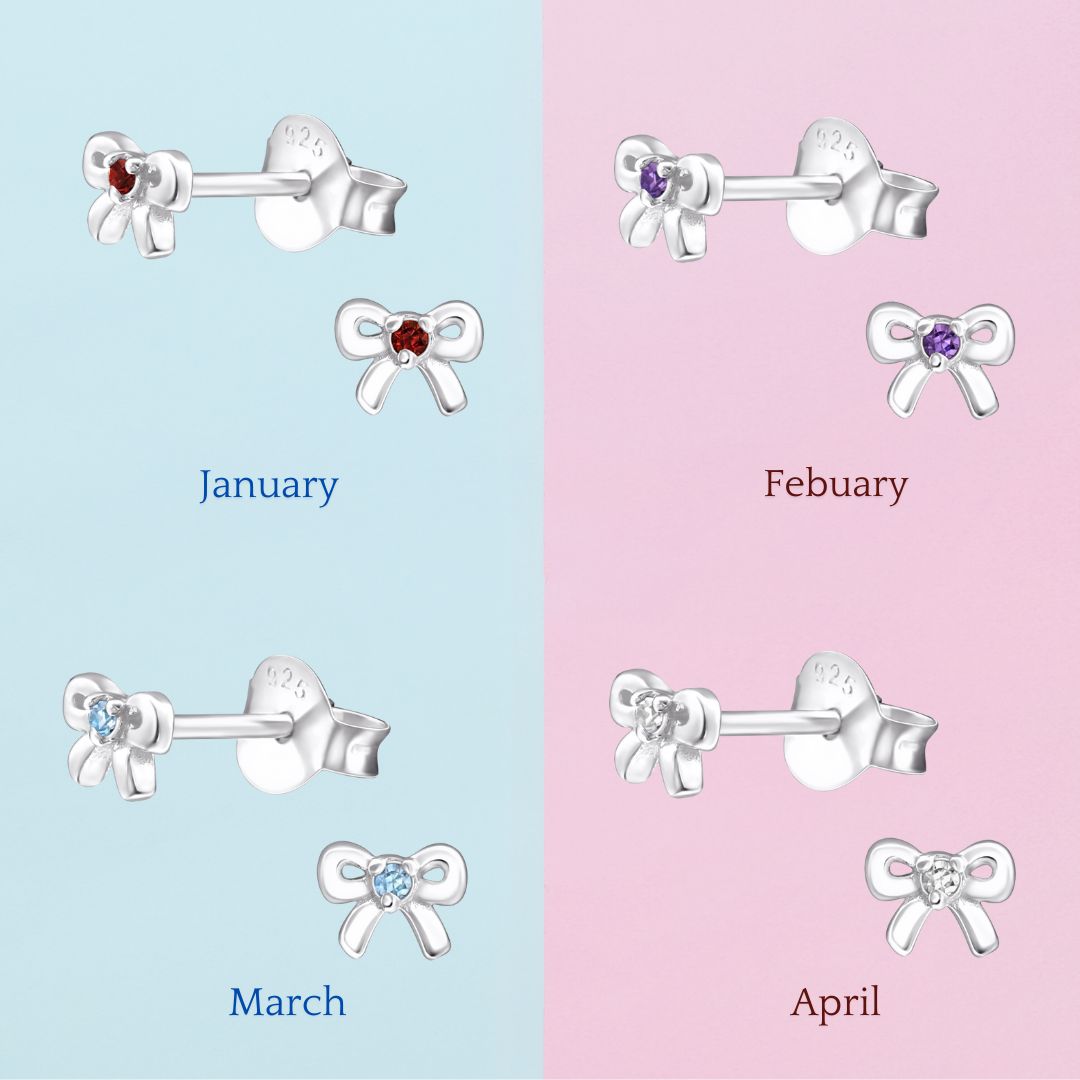 Birthstone Bow Earrings - Personalised Sterling Silver Birthday Studs