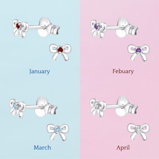 Birthstone Bow Earrings - Personalised Sterling Silver Birthday Studs