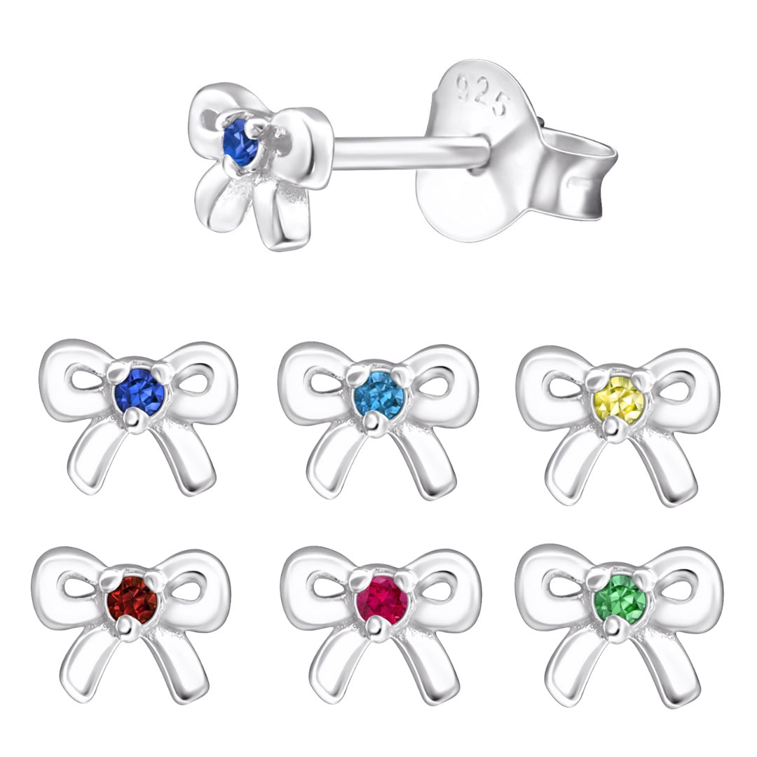 Birthstone Bow Earrings - Personalised Sterling Silver Birthday Studs