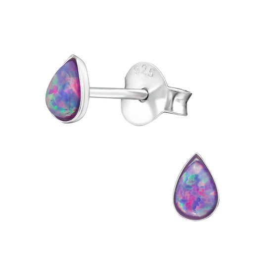 Tear Drop Studs, Pear Earrings - Sterling Silver, Synthetic Opal