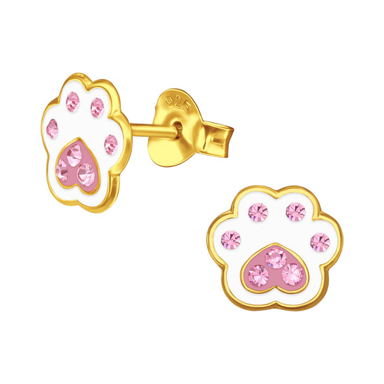 Gold Paw Print Studs, Pink Dog Earring- Sterling Silver