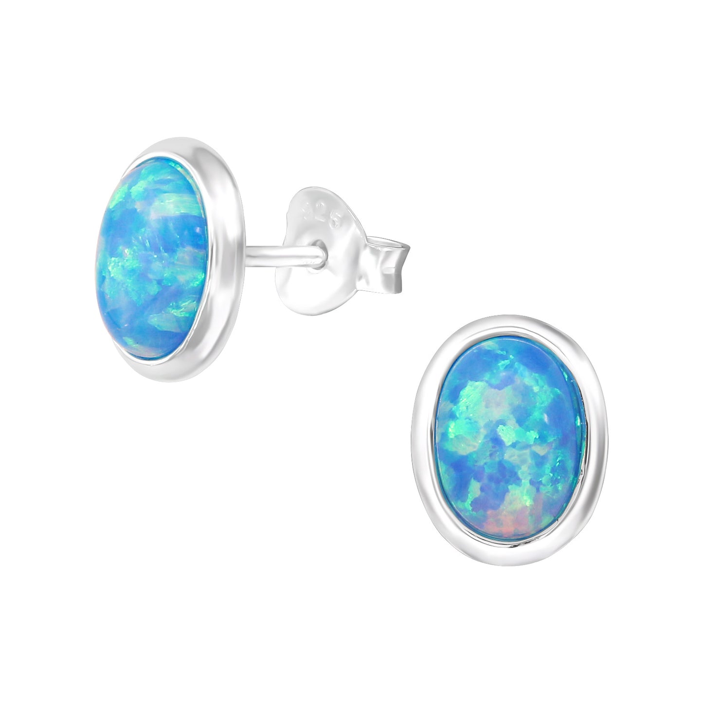 Sterling Silver Synthetic Oval Opal Earrings, Silver Plated, Blue