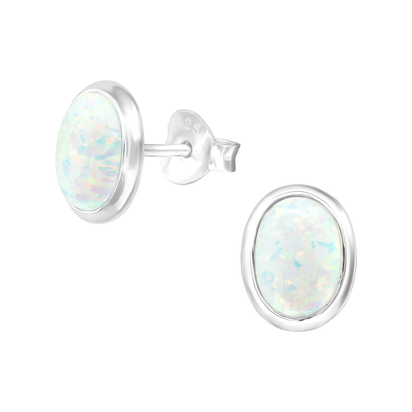 Sterling Silver Synthetic Oval Opal Earrings, Silver Plated, Blue