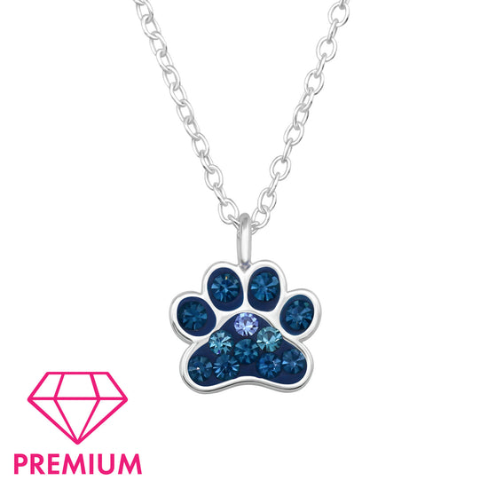 Paw Print Animal Necklace, Sterling Silver Blue Dog Necklace