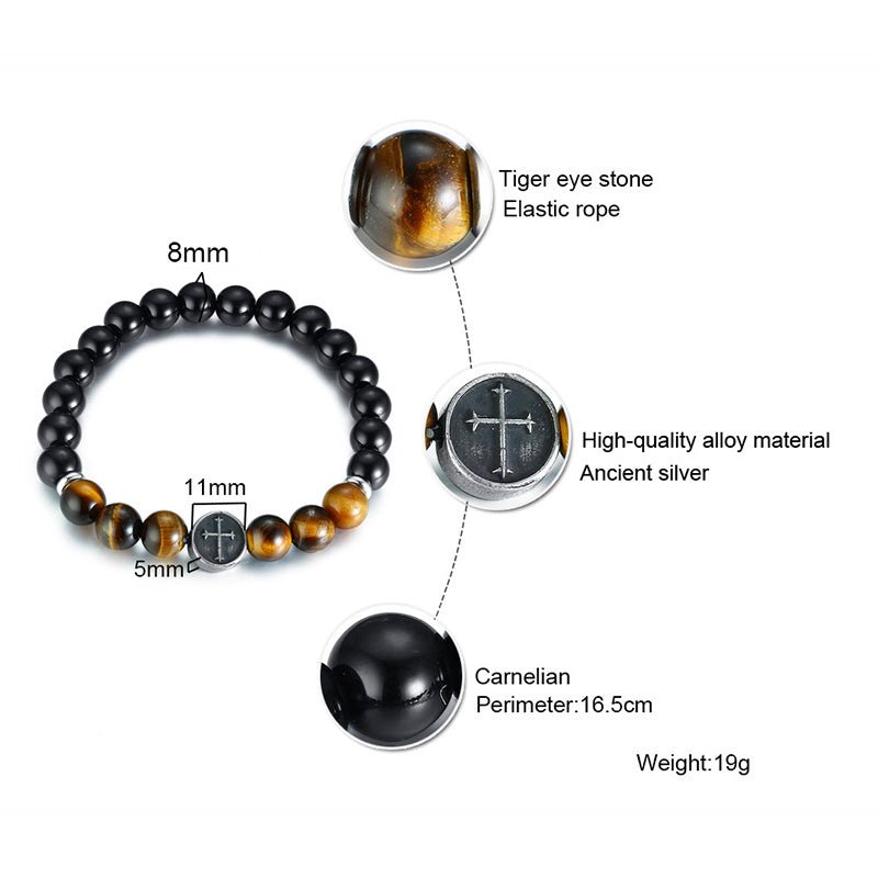 MENS CROSS BRACELET - Beaded Tiger Eye Wrist Band