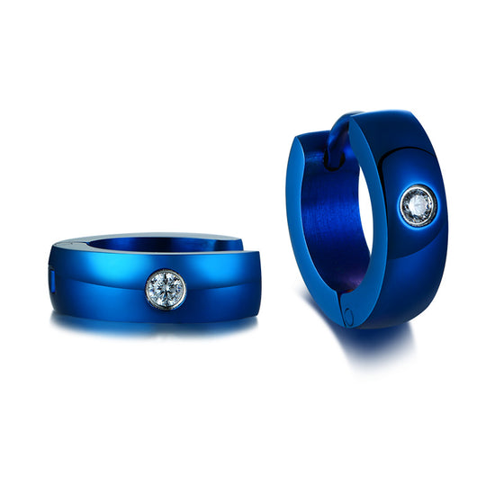 Mens Blue Stainless Steel Huggie: Cubic Zirconia Gem