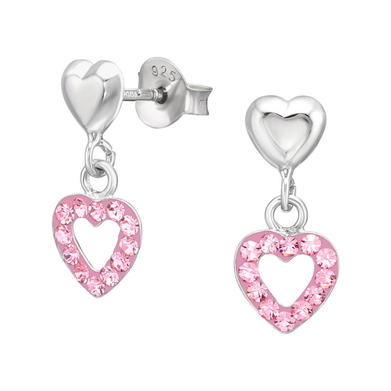 Pink Heart Dangle Earrings - Sterling Silver Rhodium Plating