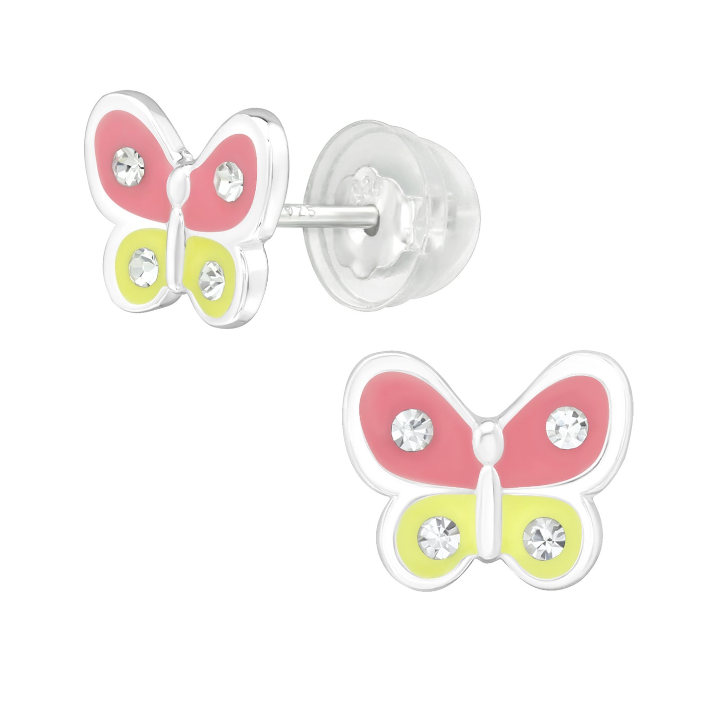 Kids Butterfly Studs - Made from Sterling Silver (pink, yellow & crystal)