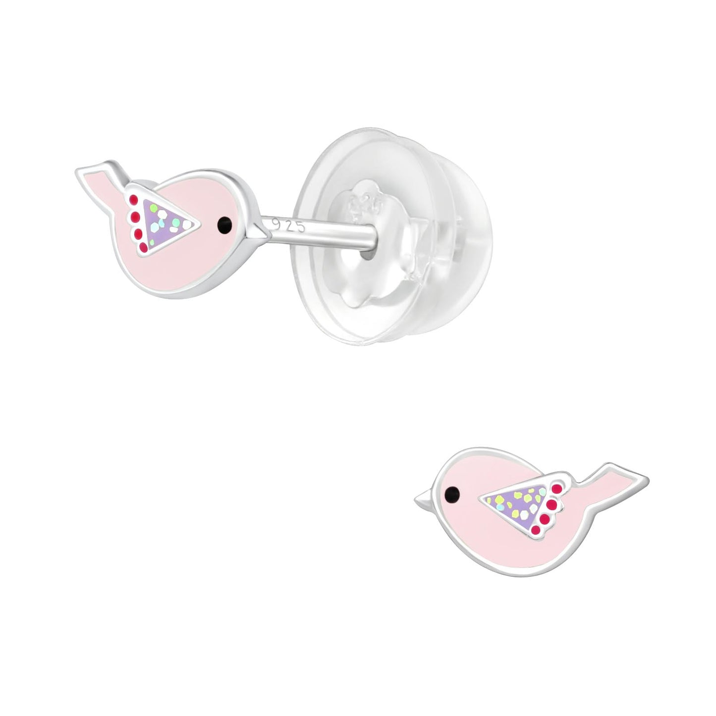 Pink Bird Earrings, Sterling Silver - Girls Rosefinch Studs