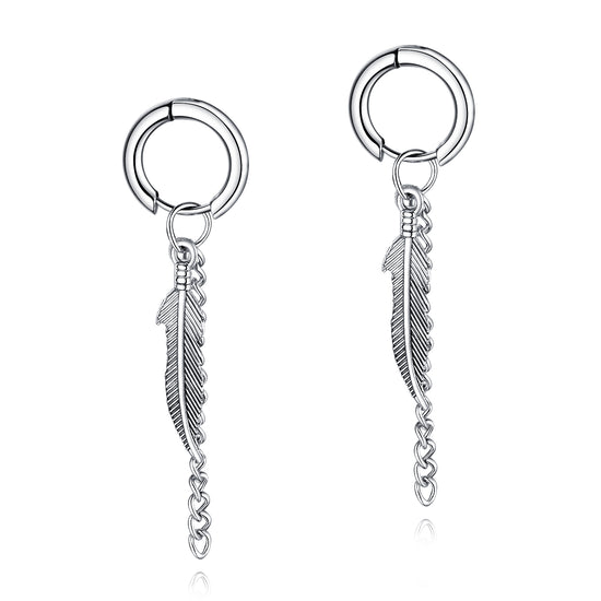 DANGLE FEATHER EARRINGS - Men's Stainless Steel Hoops