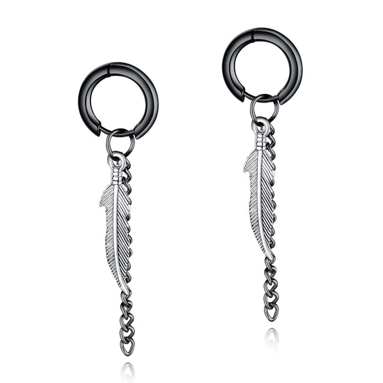 DANGLE FEATHER EARRINGS - Men's Stainless Steel Hoops