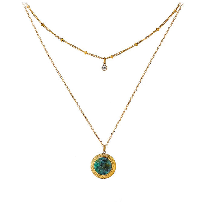 Green Stone Pendant: Women's Gold Double Layered Necklace