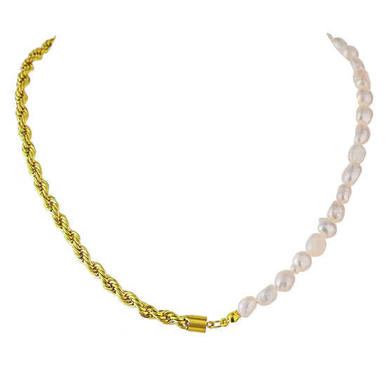 Pearl Gold Rope Chain Necklace (45cm) - Synthetic Pearls on Gold Plated Brass