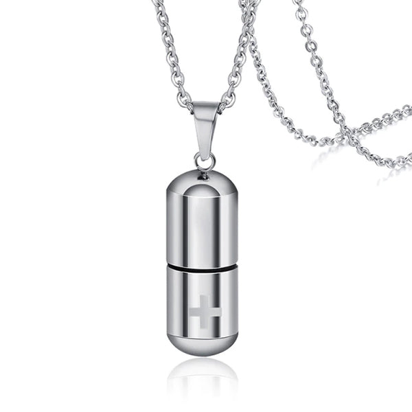 Cremation Health Pill Pendant - Stainless Steel Urn Ash Necklace (60cm)