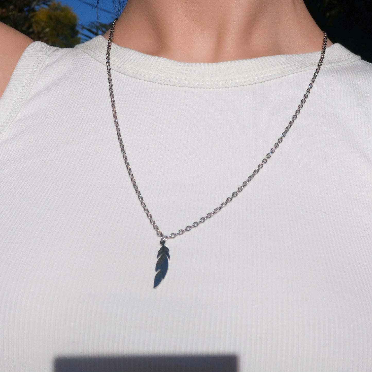 Silver Feather Necklace (60cm) - Stainless Steel Mens Pendant Necklace