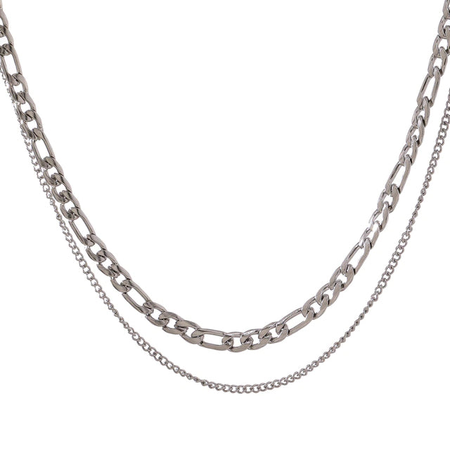 Silver Layered Figaro & Curb Chain - Silver Necklace