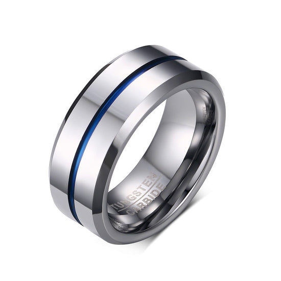 BLUE LINE MENS SILVER RING - Made from Tungsten