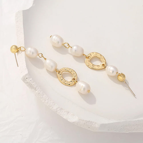 Long Hanging Pearl Drop Earrings in Gold (Imitation Pearl)