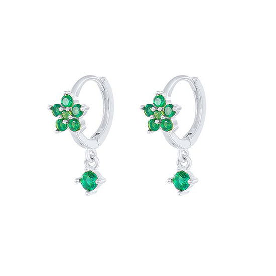 "GREEN CRYSTAL FLOWER" - Silver Huggie Hoop Earrings (Sterling Silver)