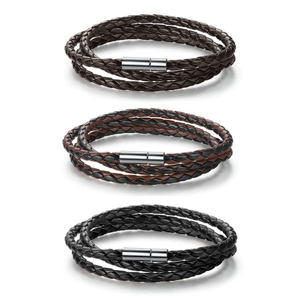 Braided Wrist Band Bracelet - Black & Brown Faux Leather