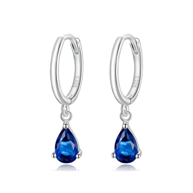 blue pear shaped crystal huggie hoop silver earrings