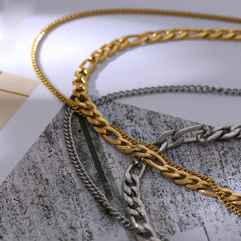 WOMEN'S GOLD DOUBLE LAYERED NECKLACE - Figaro Chain & Curb Chain 