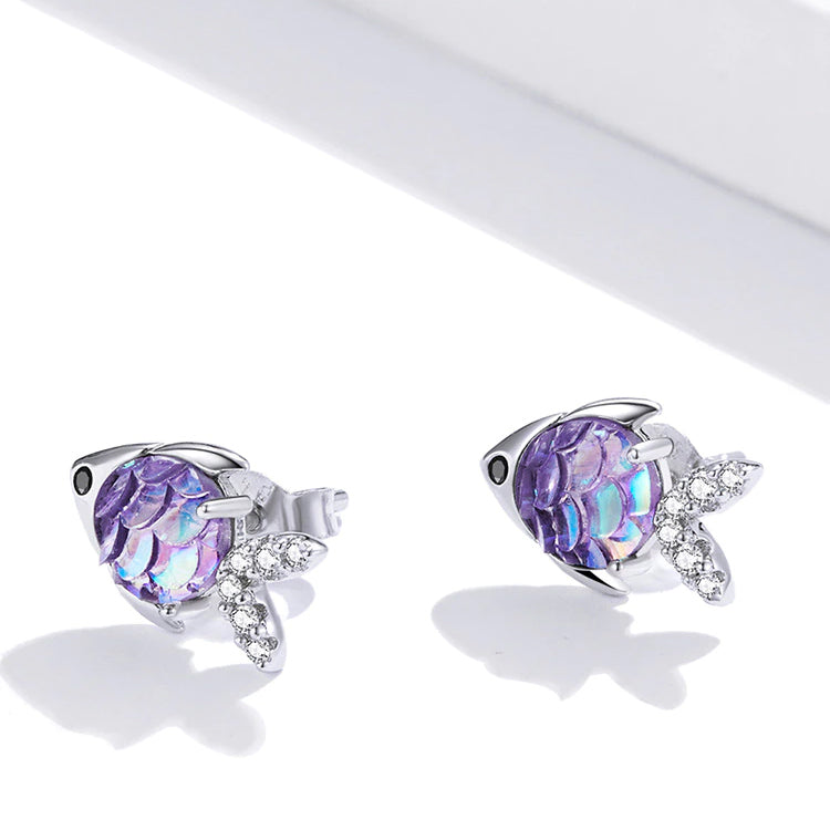 HOLOGRAPHIC FISH STUDS - Children's Purple Blue Iridescent Fish Earrings