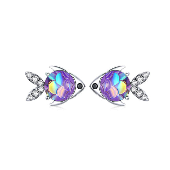 HOLOGRAPHIC FISH STUDS - Children's Purple Blue Iridescent Fish Earrings