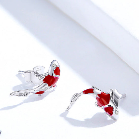 Women's Japanese Red Koi Fish Stud Earrings - sterling silver 