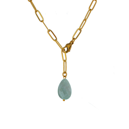 GREEN STONE - Adjustable Lariat Paperclip Cable Necklace (Gold)