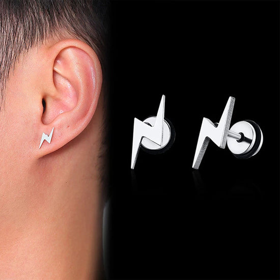 Silver Lightning Bolt Studs: Unisex Mens Womens Stainless Steel Earrings