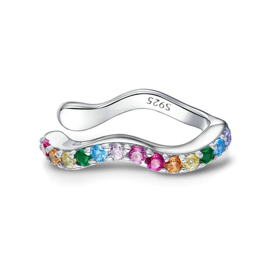 Silver Wave Multi Colour Ear Cuff - Rainbow Crystals (sterling silver)